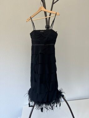 Black Tiered Cocktail Dress with Feather Hem